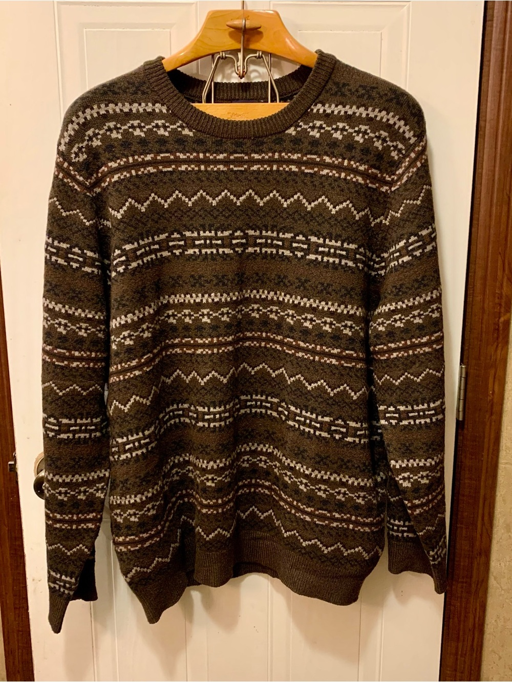 Lands' End Men's XL Fair Isle Crewneck Sweater Brown Nordic Earth Tones Stretch